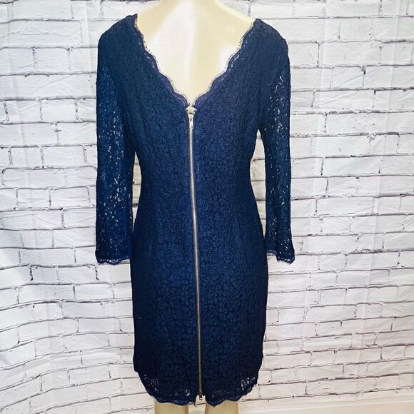 Adrianna Papell Womens Navy Blue Lace Overlay Evening Sheath Dress Size 14 - Picture 3 of 8